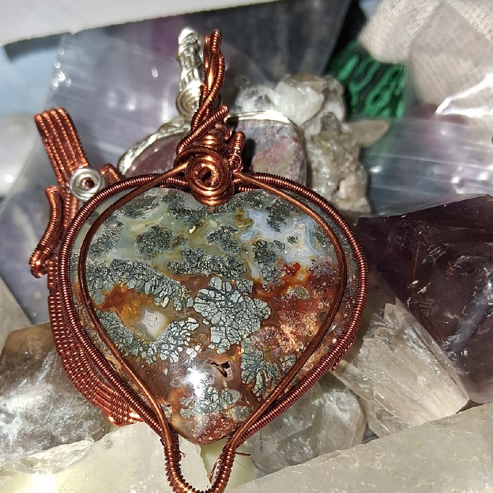 Handcrafted Copper Wire Wrapped Moss Agate Heart Pendant